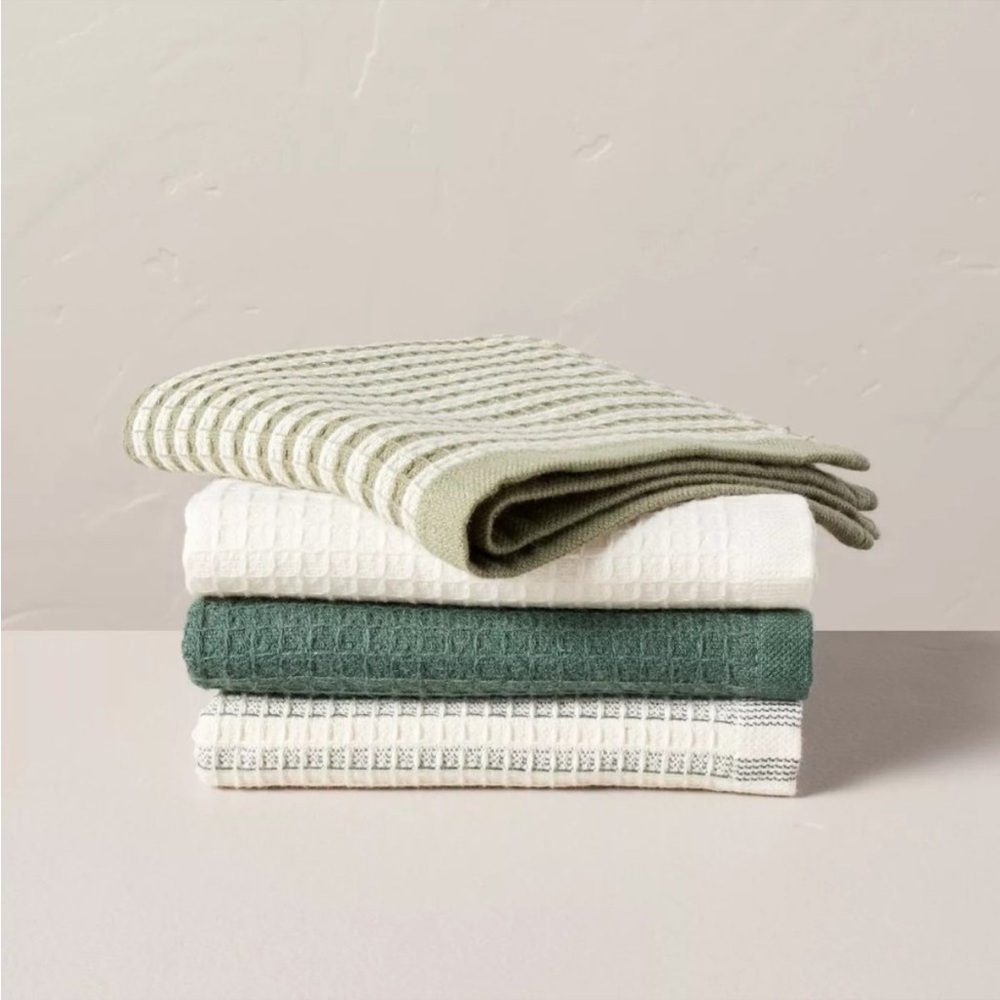 Hearth & Hand Green and White Waffle Kitchen Towels Set